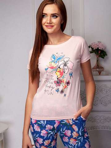 Костюм футболка,брюки  женский розовый_синий  КМ-608