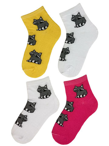 JKCNG10 Комплект носков для девочек 4 пары Еноты-белый_фуксия_желтый