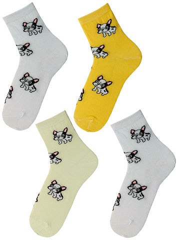 JKCNG11 Комплект женских носков 4 пары Бульдожки-белый_зеленый_желтый