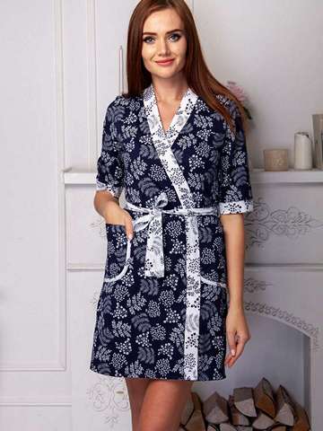 Комплект Ночная сорочка, халат  женский белый_темно-синий  КТ-501