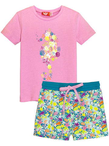 4167 Комплект (футболка-шорты) для девочки розовый_бирюзовый
