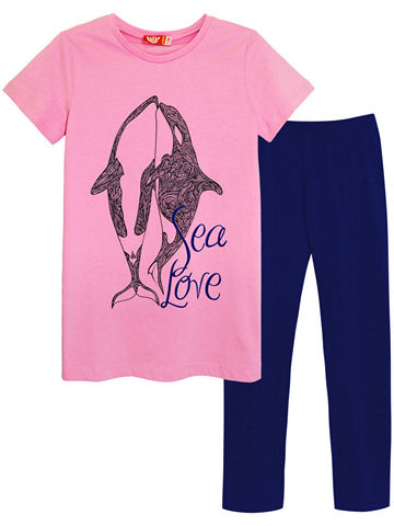 4169 Комплект (футболка-лосины) для девочки светло-розовый_темно-синий