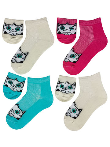 JKCNG10 Комплект носков для девочек 4 пары Киски-молочный_фуксия_голубой